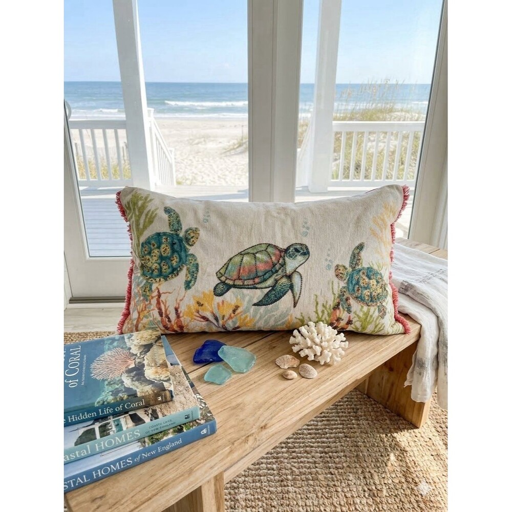 Coastal Collection Nautical Beach Beaded Pillow 14x24 Green Sea Turtle Coral